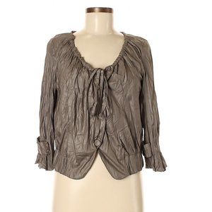 EUC! Ryu by Modcloth Greenish Gray Ruffle Accent Blouse Jacket Size Medium